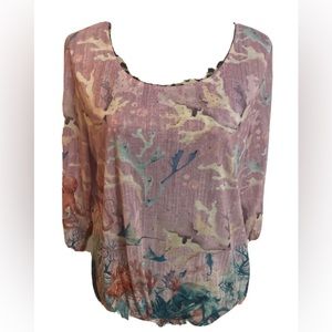 Coral Bay Top Blouse XL Pink Coral Under The Sea 3/4 Sleeve Tie Bottom